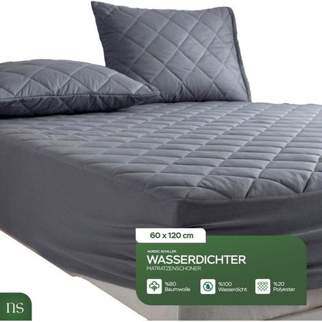 Protège-matelas matelassé en microfibre Nordic Schiller 60 x 120 + 20 cm, résistant à l'humidité, blanc, avec drap-housse et housse de matelas assortis, gris (1/5)