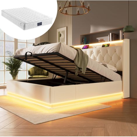 Letto matrimoniale imbottito 140x200 cm con materasso, contenitore idraulico, LED 360°, testiera con USB-C, PU bianco (1/5)