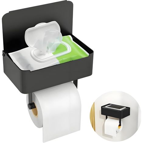 Toilettenpapierhalter mit Feuchttücherbox, Toilettenpapierhalter Ohne Bohren, Klopapierhalter Schwarz, 304 Edelstahl Klorollenhalter, Wc Papier Halterung für Badezimmer, Selbstklebend or Bohren (1/5)