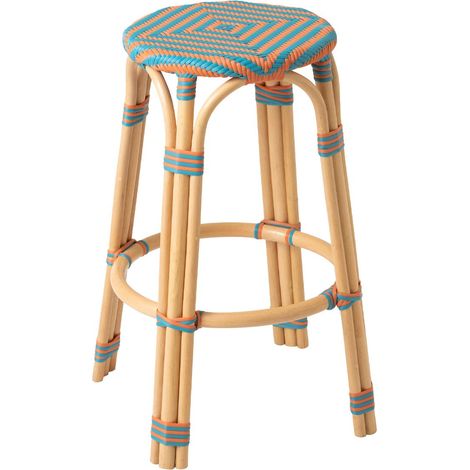 Tabouret de Bar en Rotin "Geo" 66cm Orange & Turquoise
