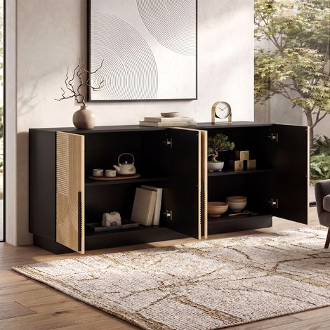 Buffet de cuisine, 160x35x80cm, Buffet bas de salle à manger vaisselier, Bois et métal avec 4 portes cannelées et étagères réglables, Noyer et noir (1/5)