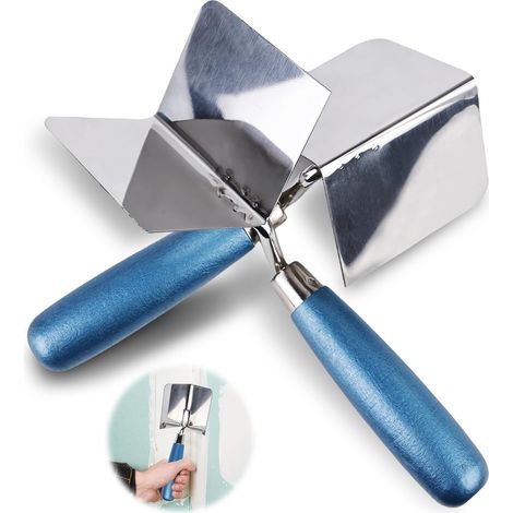 Llana de acero inoxidable para esquinas (2 piezas), 80 x 60 mm, para yesero y relleno de esquinas con mango suave para esquinas de paredes interiores, color azul