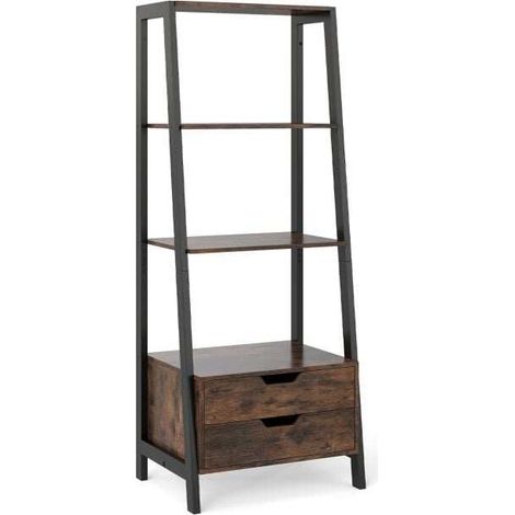 Bibliothèque échelle marron en métal avec 4 étagères, 2 tiroirs et fixation anti-basculement pour salon, bureau et chambre (1/5)