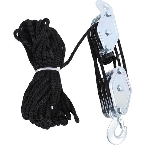 Système de poulie moufle renforcée crochet alliage zinc pivotant 270° corde haute résistance anticorrosion roulement grande capacité de charge levage chasse bricolage 3 roues 15 m nylon noir 200 kg cr (1/5)