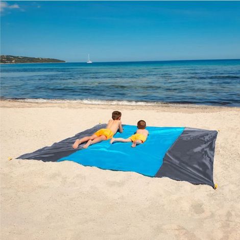 Tapis de plage anti-sable imperméable 270 x 240 cm - Bleu et gris - Linxor (1/5)