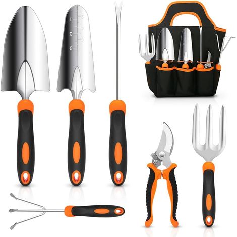 artículos: tijeras de podar, horquilla de jardín, paleta, pala, herramienta para desherbar, herramienta para sembrar, bolsa de herramientas (1/5)