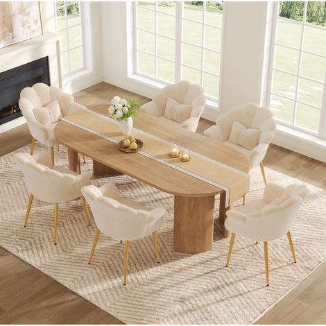 6er Set moderne Sessel, gepolsterter Sitz mit Blütenblatt-Rückenlehne, goldfarbenen Metallbeinen und Schleifenkissen, Armlehnen zur Stützung beider Arme, Teddy-Stoff, für Schlaf- & Esszimmer, Beige (1/5)