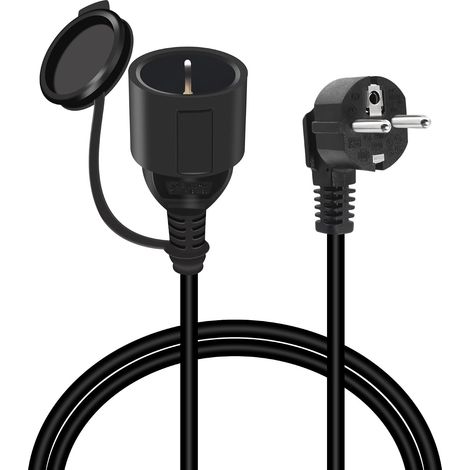 Rallonge avec Câble d'Contact de Protection, 250V/16A Schuko Câble d'alimentation Fiche de Contact de Protection Type F (CEE 7/7) Coudé à 90° par Rapport à la Prise (CEE 7/7)- Noir (1M) (1/5)