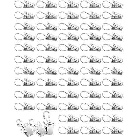 60 pièces Pince Attache Rideau, crochet rideau, Acier Inoxydable, Petits Clips de Rideau en métal avec Crochets, pour Rideaux de Douche et de fenêtre, accroche rideau, crochets rideaux (1/5)