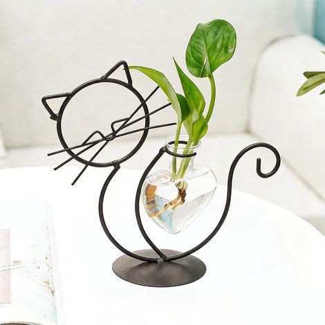 Vase Hydroponique - Support Pour Fleurs En Fer Forgé Forme De Chat - Décoration Intérieure Pour Salon Et Salle À Manger - 20 X 19 Cm - 1 Pièce (1/5)