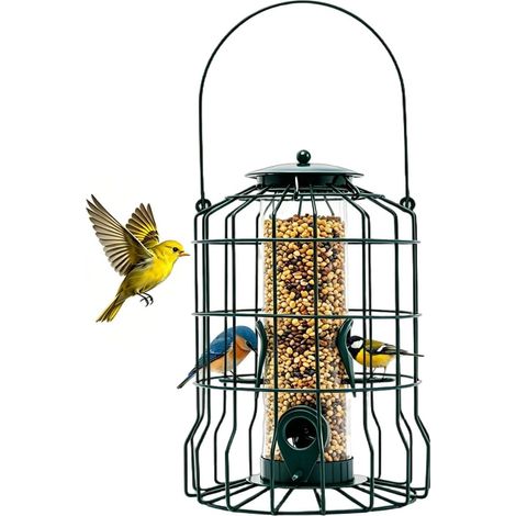 Mangeoire à oiseaux anti-écureuils en métal, suspendue avec toit anti-pluie et 4 ports d'alimentation pour petits oiseaux du jardin (1/5)