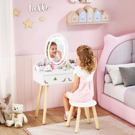 Meuble de maquillage Blanc pour filles avec 3 couleurs Lumières LED Tabouret miroir 2 tiroirs boîtes de rangement