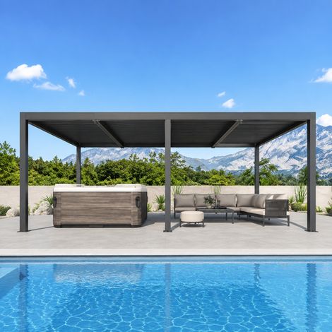 Purple Leaf – Pergola bioclimatique aluminium 7,39 x 3,68 m – Lames orientables – Superficie 27,19 m² – Système de drainage intégré – Montage facile (1/5)