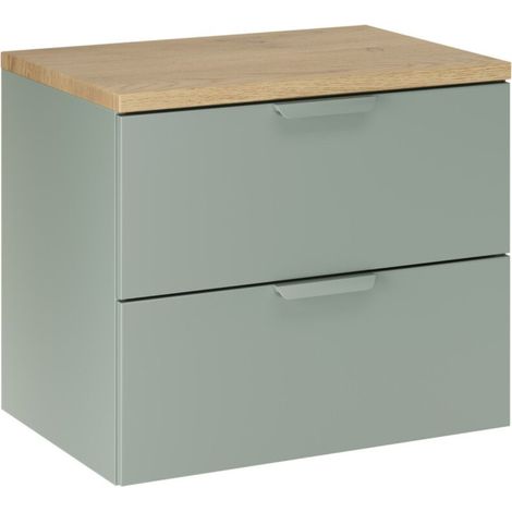 Hängendes Badezimmer-Set OSTER 60cm: Unterschrank in Salbeigrün mit Schubladen + Waschtischplatte in heller Eichenoptik