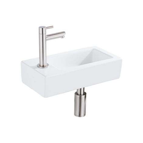 FugaFlow Efficiente Pietra Ensemble de fontaine - 37,5x18,5x9cm - céramique - trou de robinet à gauche - robinet de fontaine en inox brossé - bouchon (1/5)
