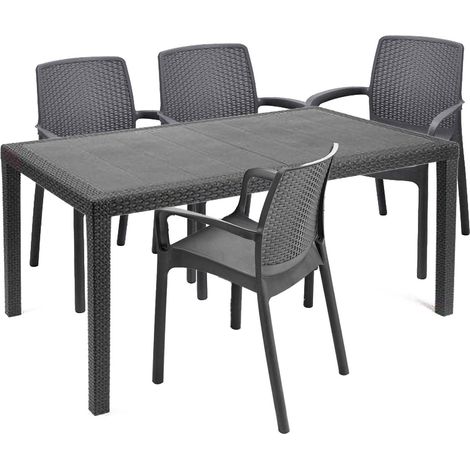 Dmora - Set salotto da esterno Roccaraso, Salottino outdoor e indoor, Tavolo rettangolare fisso con 4 sedie impilabili, Made in Italy, Antracite
