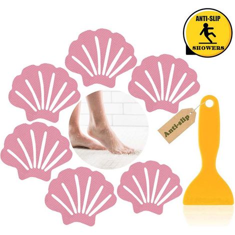 Sticker de bain antidérapant transparent pour bébé, lot de 6 en rose, adhésif de sécurité sans abrasion, avec raclette avancée, texture non glissante pour douche. (1/5)