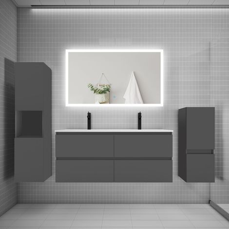 Ensemble meuble de salle de bain 120cm, double vasque + colonne + LED miroir rectangulaire,anthracite (1/5)