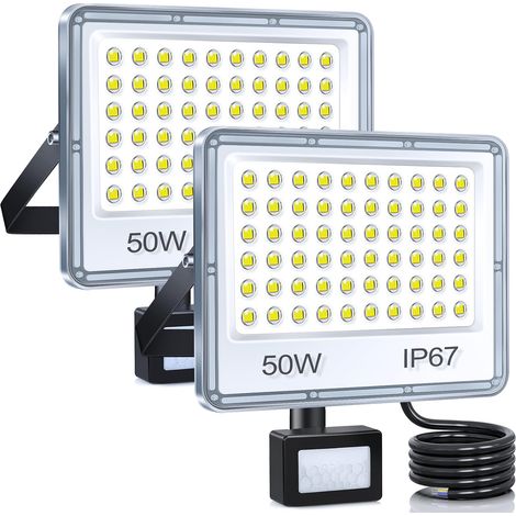 Projecteur LED Extérieur avec détecteur 50W 5000LM, Lot de 2 6500K Blanc Froid Spot LED Extérieur Detecteur de Mouvement, IP67 Imperméable Lampe Exterieur pour Jardin Patio Cour Garage (1/5)