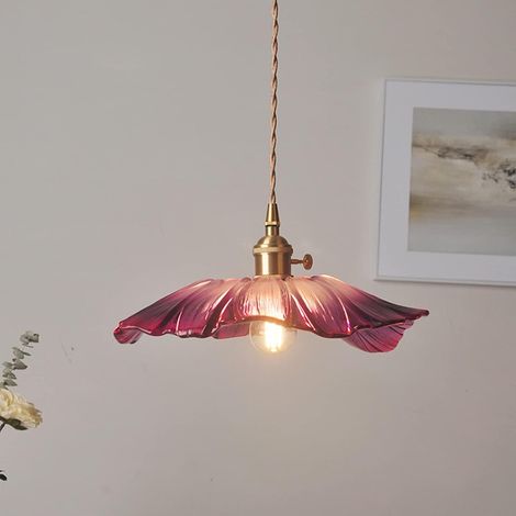 Lampada a sospensione LED in stile retrò con fiori in vetro viola, ideale per bar, camere da letto, case e illuminazione interna di verande (lampadina non inclusa). (1/5)