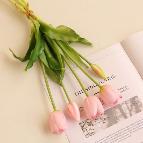 Bouquet de tulipes en silicone, fleur artificielle à toucher réaliste, romantique, haute qualité, 5 têtes (1/5)