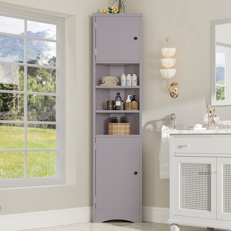 Colonne salle de bain triangulaire-gris-vernis anti-humidité-3 étagères-2 portes-gain de place-37x24.5x170(cm) (1/5)