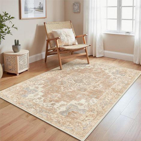 Vintage-Teppich in Braun, 100 x 150 cm, rutschfeste Unterseite, waschbar, kurzer Flor, geeignet für Küchen, Esszimmer, Büros und Schlafzimmer (1/5)