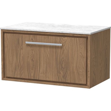 Longnor 1 Drawer Wall Hung Vanity Unit with White Marble Worktop, Antique Oak, 800mm