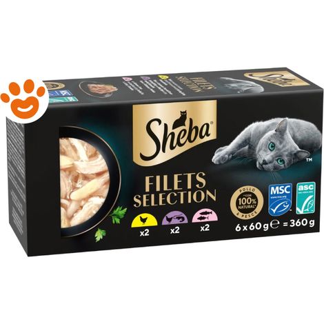 Sheba Cat SHE Filets con Pollo e Tonno, Pesce Bianco Pollame e Salmone - Confezione 6×60 Gr -