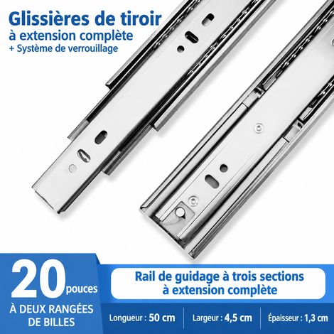 Glissières de tiroir 3 sections 50 cm en acier inoxydable épaissi à amortisseur silencieux acier inoxydable 20 50cm 50 × 1 × 1 cm 1,07 kg – Livraison gratuite