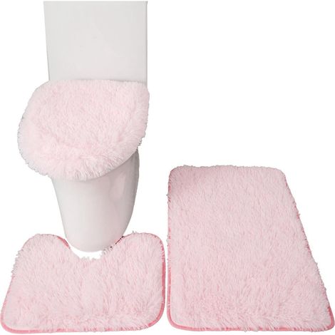 3-teiliges Set: Badematte, WC-Deckelbezug, U-förmiger Teppich, rutschfeste, weiche Bodenmatte, wasserabsorbierende, robuste Fußmatte, B-Pink