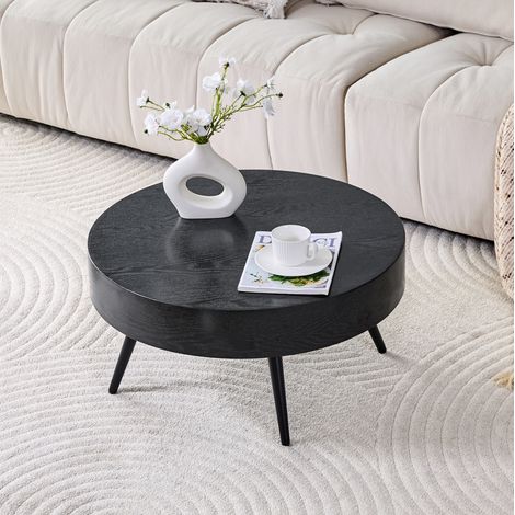 Mesa de centro redonda de MDF negro efecto madera, patas de metal, diámetro 70 cm (1/5)