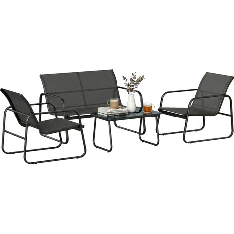 Ensemble de jardin extérieur 4 pièces avec canapé 2 places, 2 fauteuils, table en verre trempé, tissu textilène respirant, structure en acier, gris foncé (1/5)