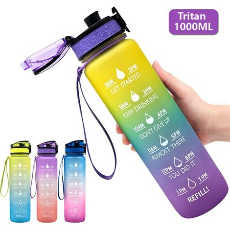 Motivations-Wasserflasche mit Strohhalm und Zeitmarkierung, BPA-frei, auslaufsicher, 1 l (A) (1/3)