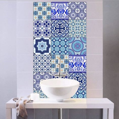 Set de 10 Pcs Sticker Carrelage Autocollant 20x20cm Carrelage Adhésif Mural Étanche pour Cusine Salle de Bain (Style porcelaine bleu (1/4)