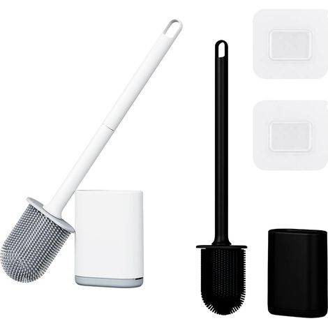 2 Piece Toilet Brush, Bathroom Silicone Toilet Brushes and Holder Sets with No-Slip Long Plastic Handle and Soft Flexible Bristles, Toilet Brushes with holders and Base for Anti-drip (Black,White) (1/5)
