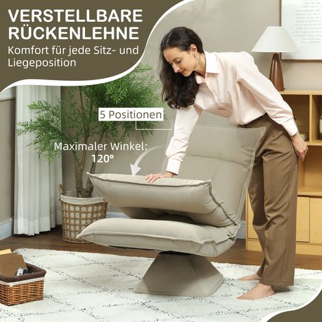 Fauteuil de sol à dossier réglable sur 5 positions, pivotant, chauffeuse moderne rembourrée, beige (1/4)