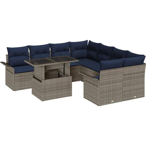 Gartensofa-set mit Kissen mit Speicher 9 pcs Grau Poly Rattan vidaXL