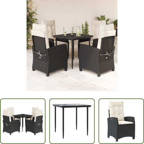 Gartentisch - 5-tlg. Garten-Essgruppe mit Kissen Schwarz Poly Rattan (1/5)