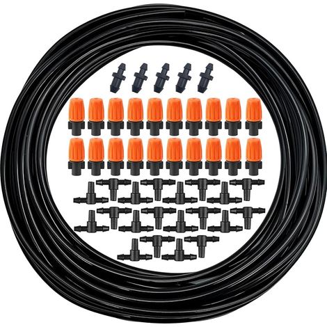 Système d'irrigation Jardin, kit arrosage goutte à goutte, 10 m de tuyau d'irrigation goutte à goutte 1/4" avec 20 pcs buse arrosage, 20 pcs raccords en T et 5 pcs bouchons d'extrémité