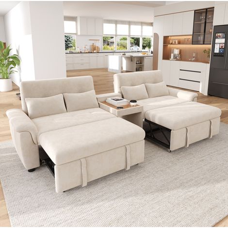 Divano letto trasformabile per 2 persone, divano lineare con schienale reclinabile in 3 posizioni, 284x138x89 cm, ciniglia beige (1/5)