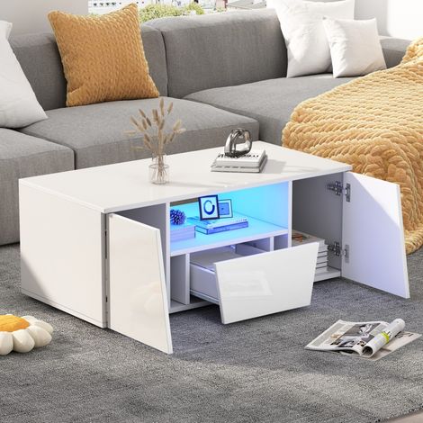 Table Basse Blanche Finition Brillante avec LED et Tiroir - 100x50x40cm - Table de Salon Asymétrique avec 2 Placards - Blanc (1/5)
