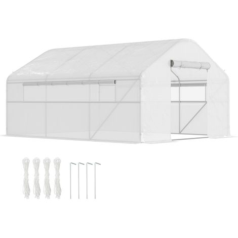 Weißes Tunnelgewächshaus 4x3x2m mit Schiebetüren und großen Lüftungsöffnungen, Gartenhaus für Gemüsegarten