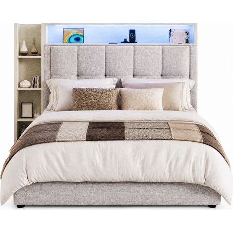 Letto contenitore 90x200 cm in lino beige, USB Type-C, LED, senza materasso - CHICFURN (1/5)