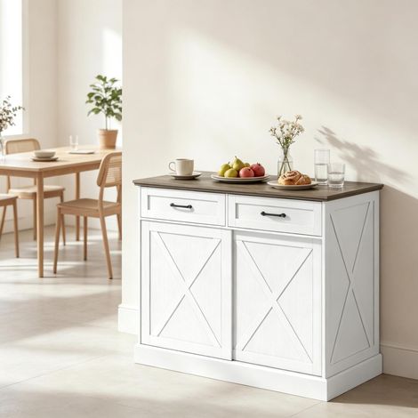 Îlot de cuisine avec rangement 106,4x57x92 cm en bois blanc, gain de place pour cuisine FloraGrace (1/5)