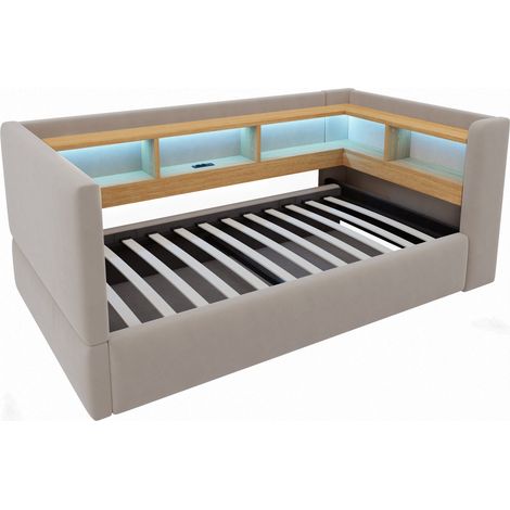 Cama alta tapizada 90 x 190 cm con arcón hidráulico, LED y enchufes, gris oscuro (1/5)