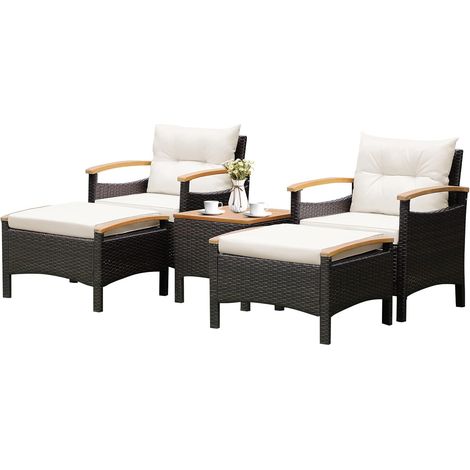 GOPLUS Ensemble de Mobilier de Patio Extérieur 5 Pièces, Ensemble de Fauteuil Lounge en Rotin PE et Ottomanes avec Coussins et Table D'appoint avec Plateau en Bois D'acacia (1/5)