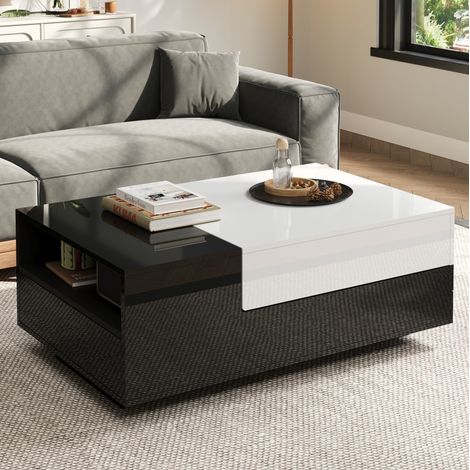 Mesa de centro de tablero de partículas 100 x 50 x 38 cm blanco y negro con 2 cajones y almacenaje lateral (1/5)