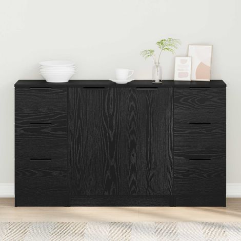 Buffet 3 pièces 6 tiroirs 2 portes en bois d'ingénierie chêne noir 121 x 30 x 70 cm - PANGIVO (1/5)