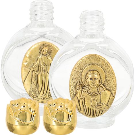 Lot de 2 Bouteilles Décoratives en Verre Or 15ml Bouchon de Sécurité Portable pour Eau de Baptême et Bénédictions Plusieurs styles (1/5)